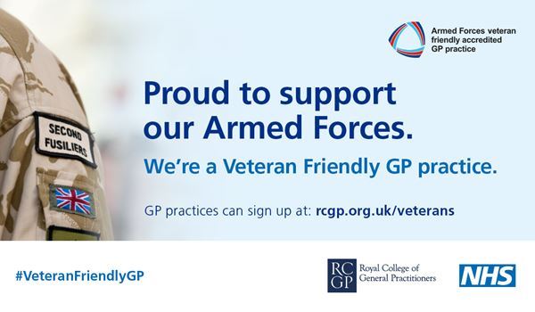 the Armed forces veteran friendly accredication logo and the words Proud to support our Armed Forces. We're a Veteran Friendly GP Practice