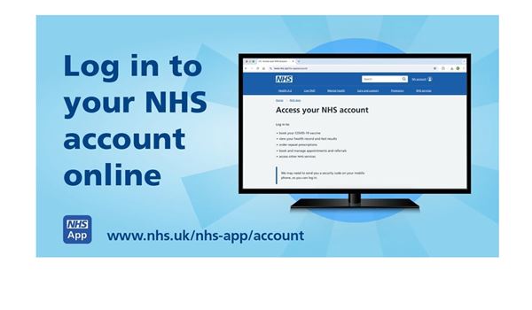 a desktop computer screen displaying the NHS Account log in page and the words Log in to your NHS account online, the NHS App icon and the website link