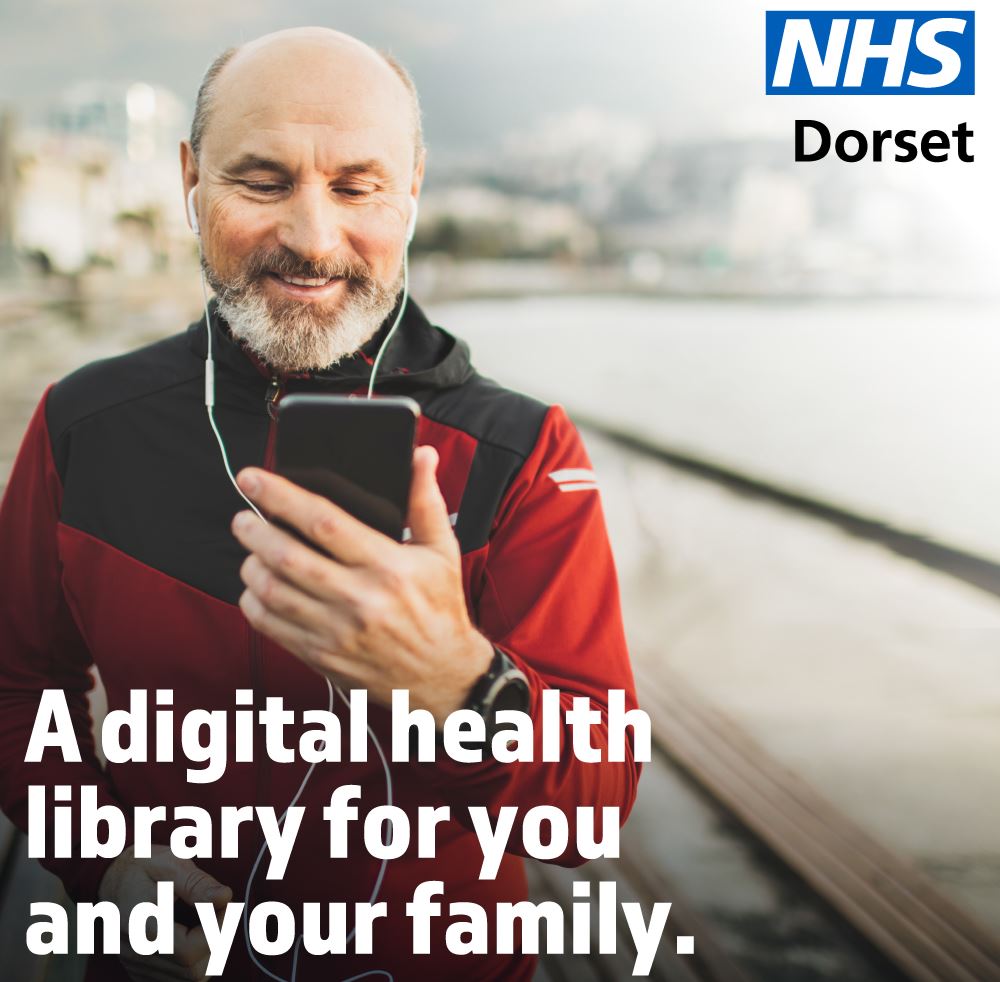 a middle aged man walking outside looking at his mobile phone, the NHS Dorset logo and the words A digital health library for you and your family.