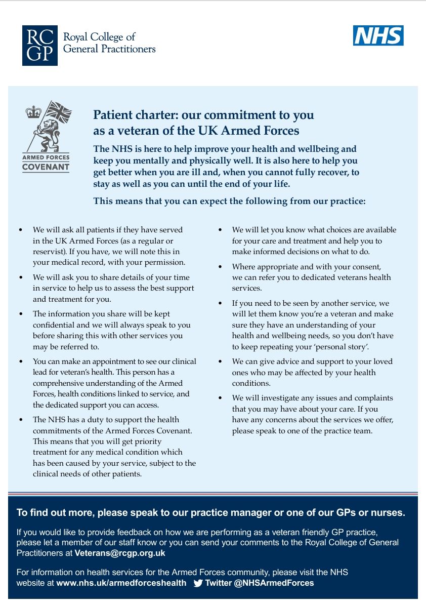 Patient Charter: our commitment to you as a veteran of the UK Armed Forces